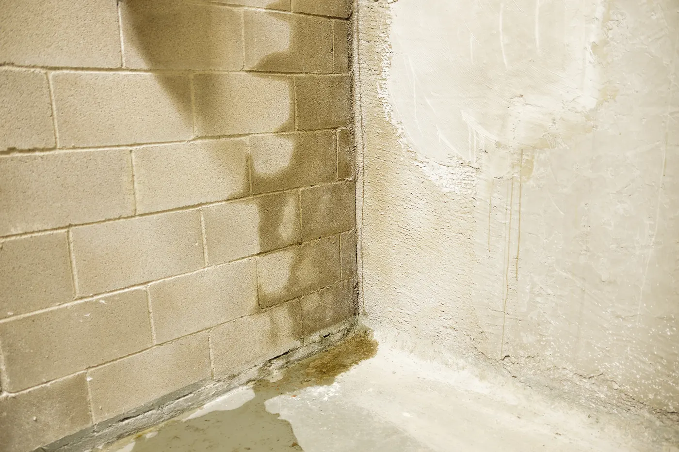 Water staining the block wall and floor of a basement corner