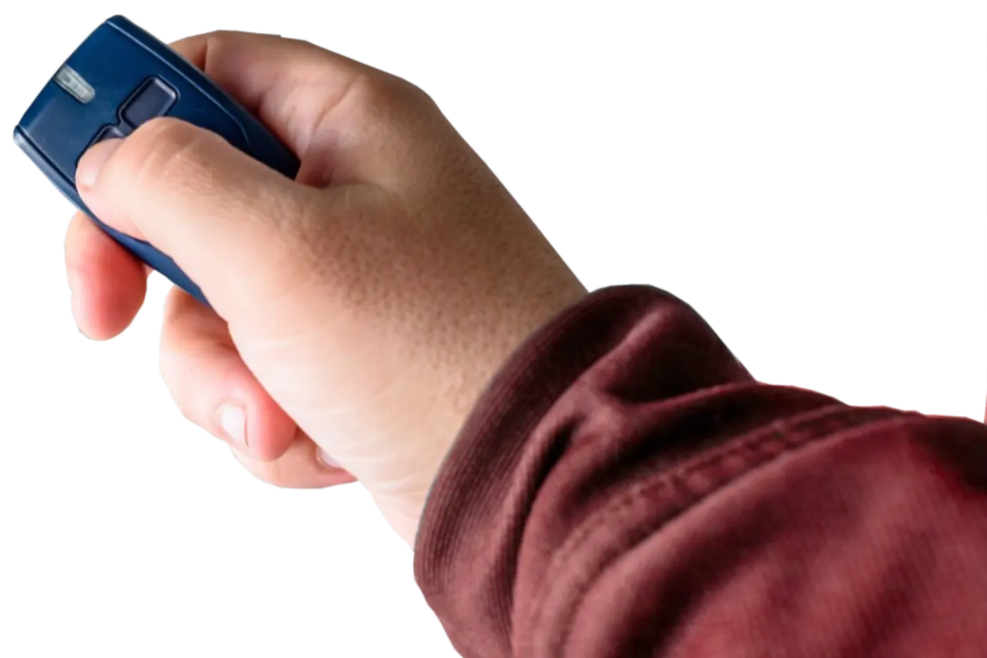 A hand pressing a garage door remote